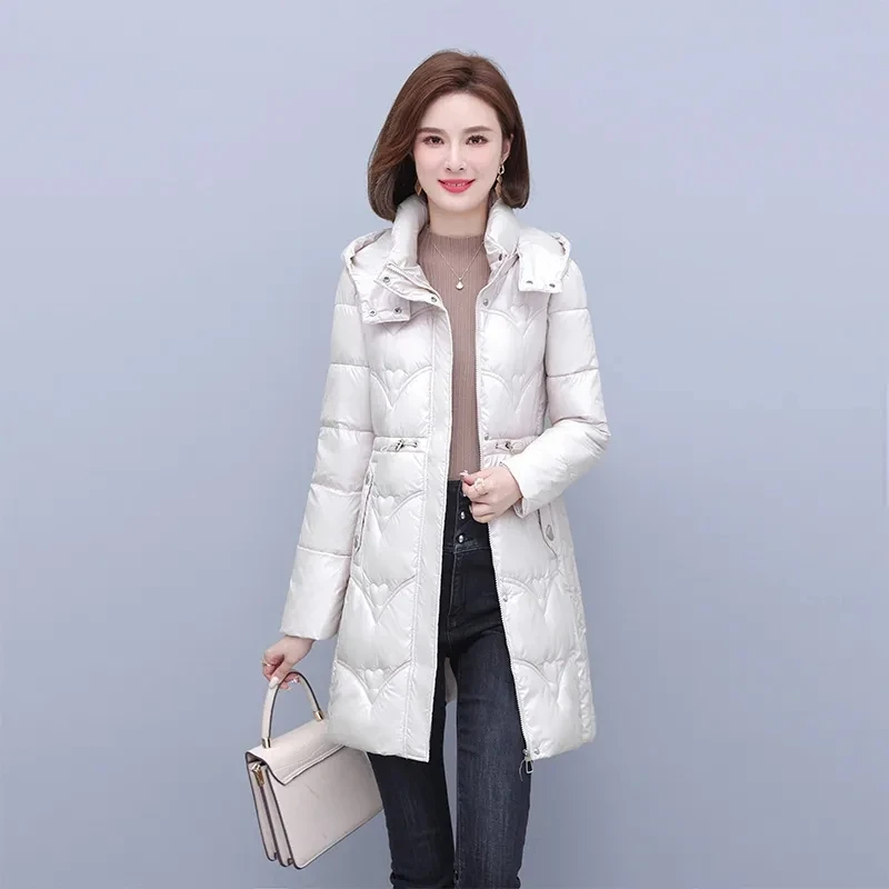 

Middle Aged Mother Winter Jacket Fashion Glossy Down Cotton Parkas NEW Thicken Warm Hooded Puffer Coat Women Padded Outwear 5XL