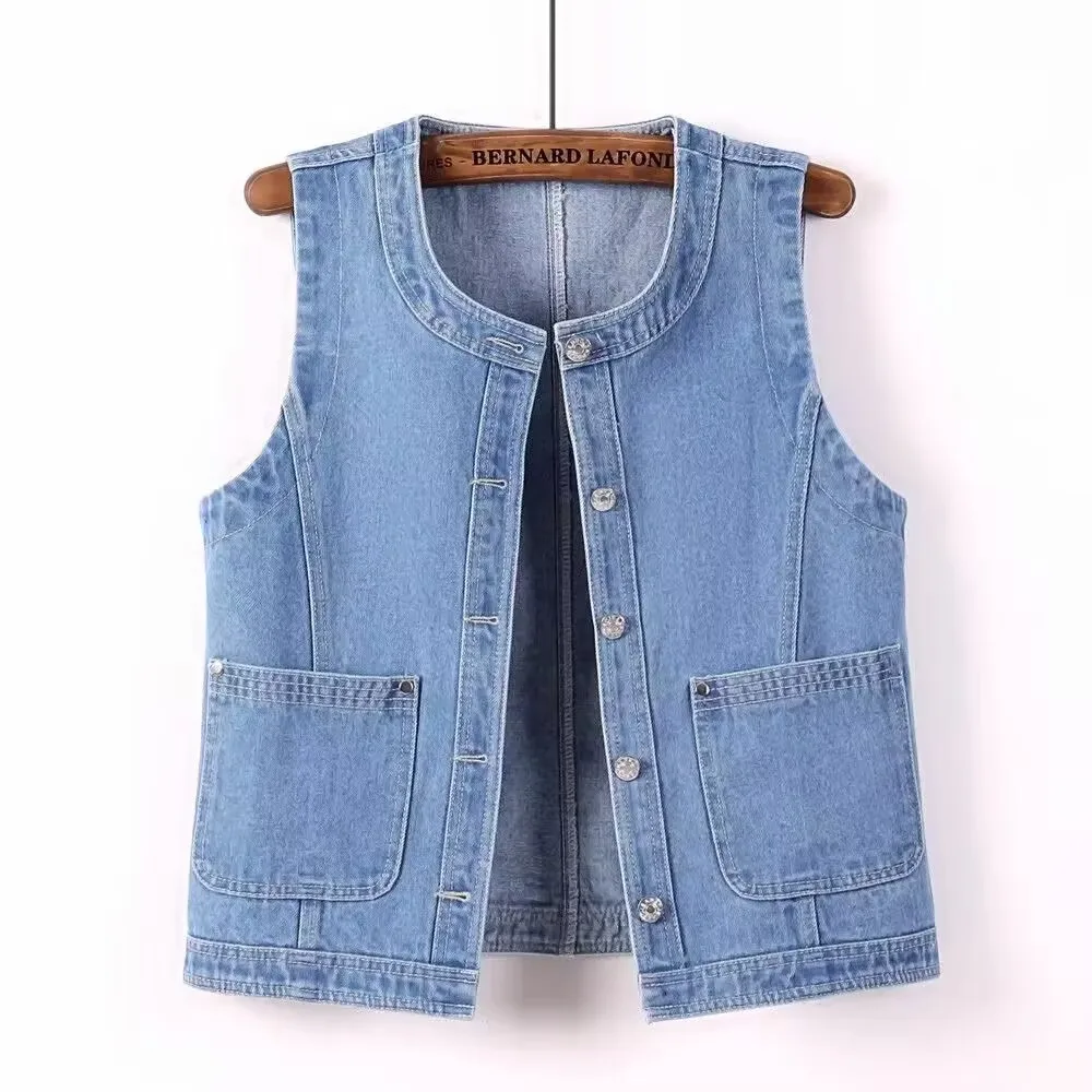 

Women's Denim Vest Round Neck Pocked Waistcoat