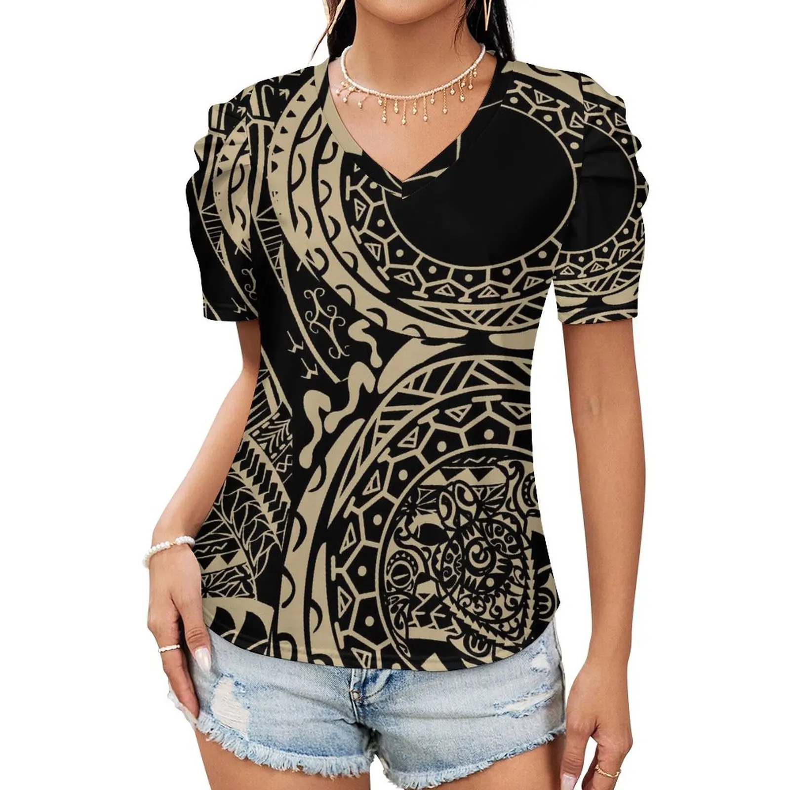 

Wholesale Design Custom Print Polynesian Tribal Hawaiian Island Style Summer V Neck Women's T-shirts Plus Size Casual Lady Shirt