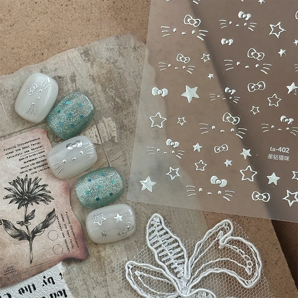 Calcomanías para uñas de Hello Kitty con lazo de estrella plateada 5D, pegatina con purpurina de Metal, cara de gato de gatito, deslizador de uñas con estrellas de cinco puntas, manicura DIY