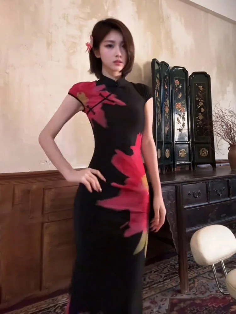 

New Chinese Style Color Block Print Dress Summer Vintage Waist Cinched Fish Tail Long Skirt Women Short Sleeve