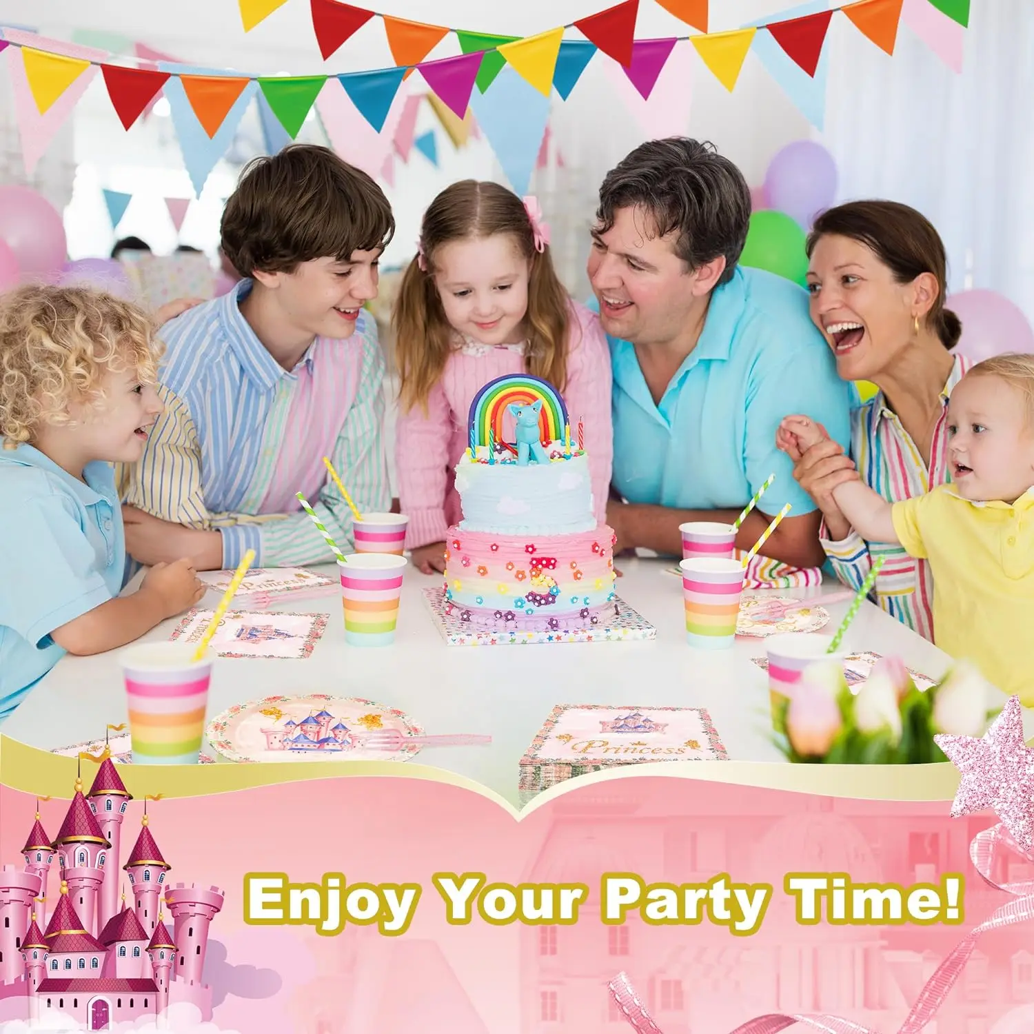 Princess Pink Castle Theme Birthday Party Disposable Tableware Set Paper Plate Paper Napkin Happy Birthday Party Decor Kids Girl