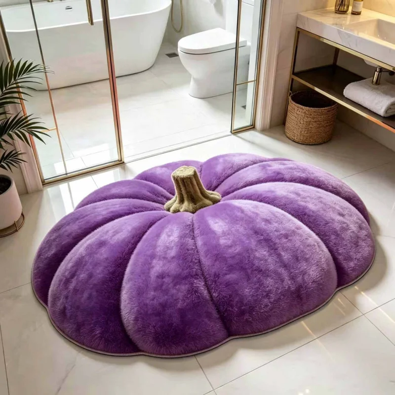 VIKAMA Lovely Shaped Pumpkin Fluffy Plush Rug Non Skid Water Absorbent Floor Mat Hallway Bathroom Autumn Thanksgiving Home Deco