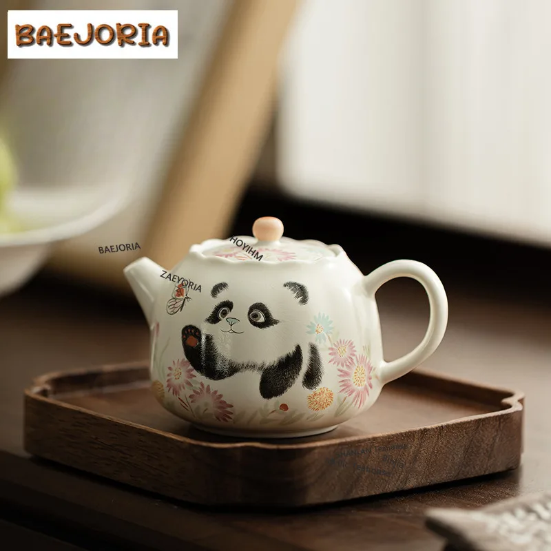 BAEJORIA 158ML Cream Ding Kiln Panda Play Butterfly Teapot Japanese Tea Infuser Pot Tea Soaking Kettle With Strainer Teaset Gift
