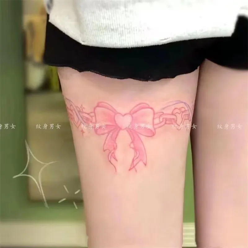 Bowknot Tattoos for Women Leg Rings Fake Tattoos Waterproof Lasting Sexy Pink Lace Heart Chains Art Temporary Tattoos Sticker