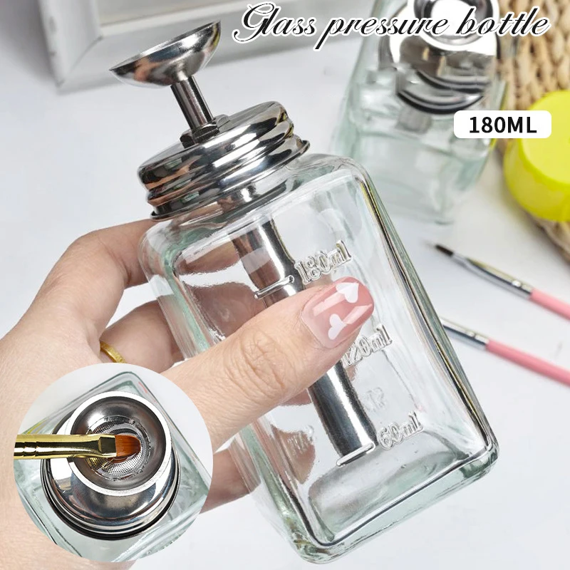 Y 180ML Press Empty Pumping Jar Manicure Makeup Clear Nail Glass Push Down Bottles Polish Remover Dispenser Pump Bottle