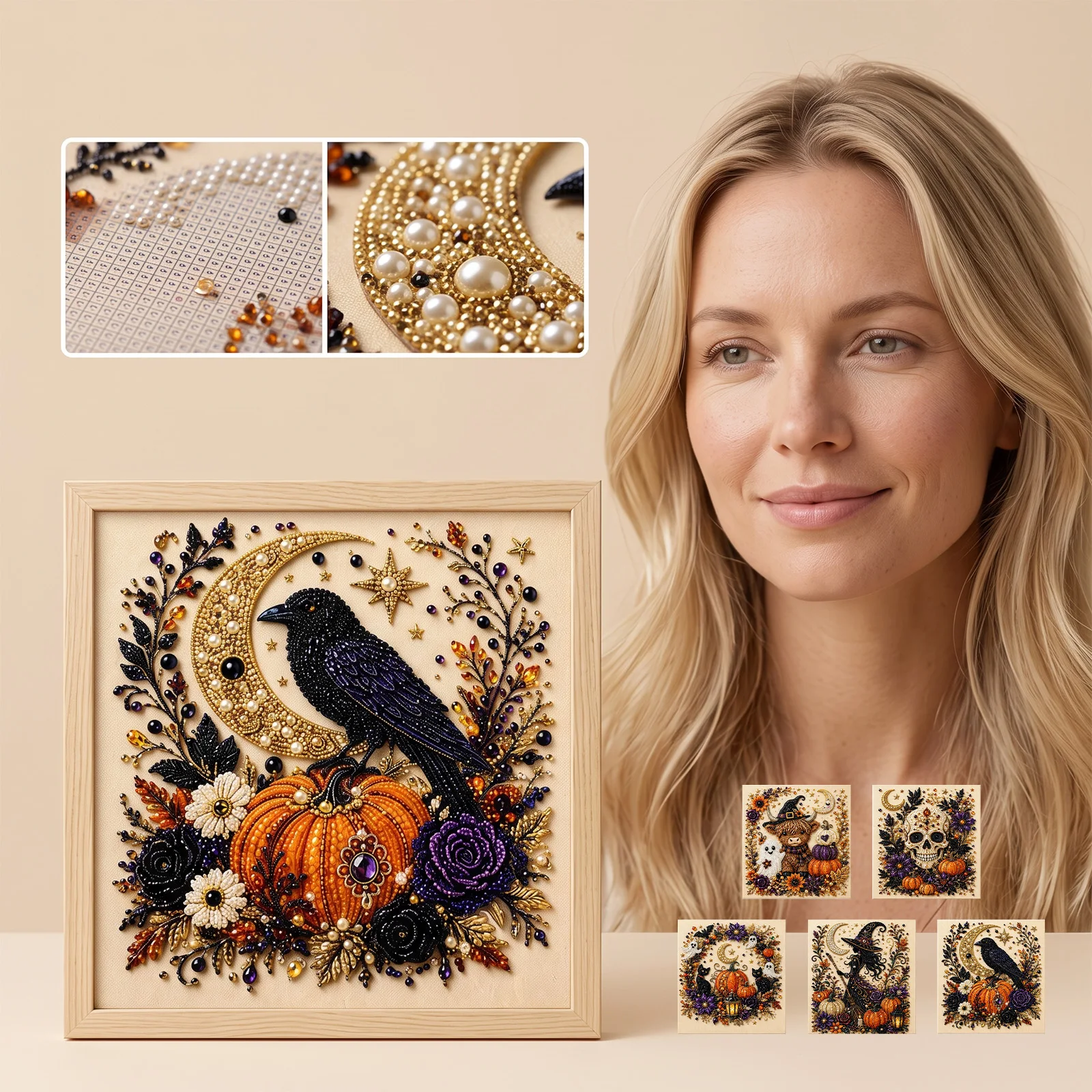 3D Pearl Art DIY Kit Halloween Ghost Pumpkin Witch Raven for Adults Cute Spooky Diamond Painting Craft Kit Decompression Gift