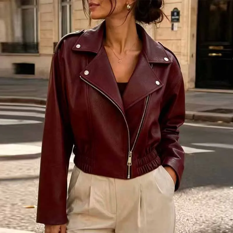 2026 Fashion Women Jackets Long Sleeve PU Leather Short Women Jacket Notched Collar Jacket Coat Women Jaqueta Feminina Q6591