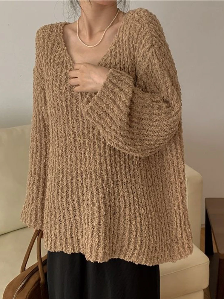 

Korean V Neck Lazy Wind Sweaters Women Long Sleeve Loose Design Knitted Jumper Vintage Casual Simple Solid Female Fall Sweet Top
