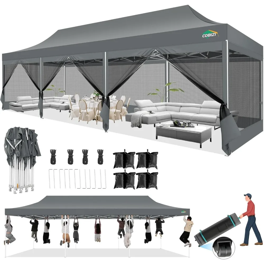 

Палатка с навесом 10x30 и 8 боковыми стенками, сверхмощная всплывающая палатка с навесом для вечеринок с москитной сеткой, легкий навес с экраном