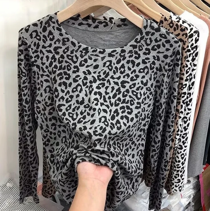Women Leopard Print Long Sleeve T‑Shirt Autumn O‑Neck Ribbed Knit Tops Casual Slim Fit Basic Tee Female Daily Wear