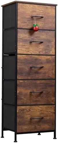 WLIVE 5-Drawer Fabric Dresser, Rustic Brown Wood Grain, Steel Frame, Storage Chest for Bedroom or Hallway