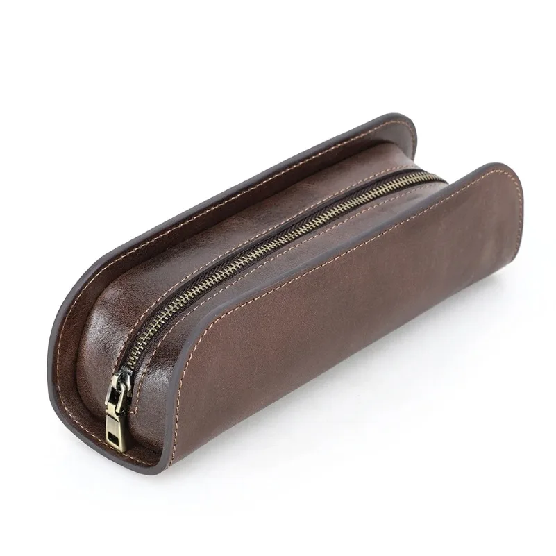 

Vintage Handmade Genuine Leather Pencil Bag Simple Stationery Hoder Pen Case Storage Bag Zipper Pencil Pouch School Supplies