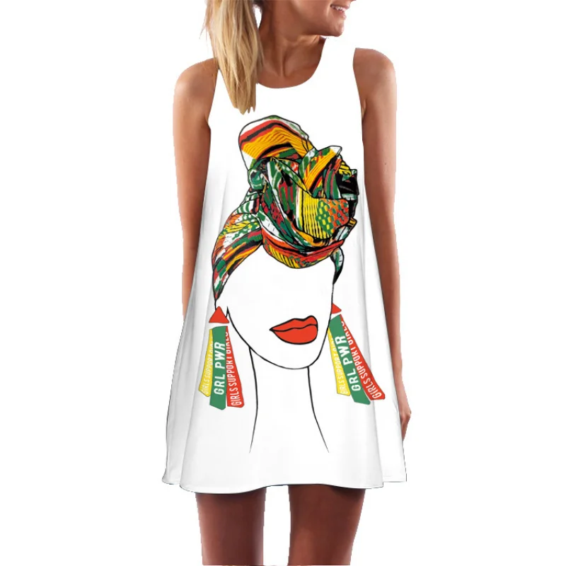 2020 European Station Hot Sale in Europe and America New Digital Printed round Neck Loose Big Hem Cold-Shoulder Sleeveless Mid-L