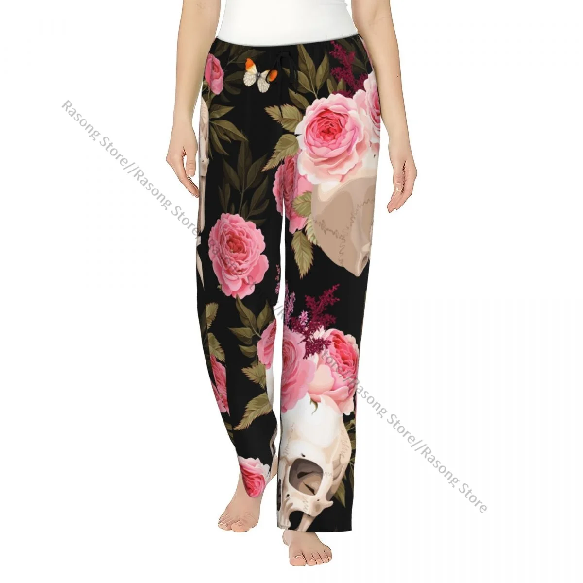 

Пижамные штаны для женщин, штаны для сна с черепами и розами, домашняя одежда для дома