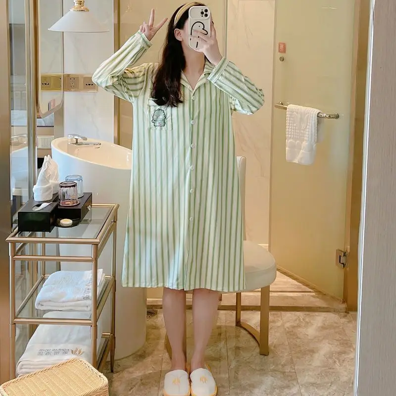 

Girls New Sleepdress Cartoon Striped Pajamas Women Long Pants Sleeved Spring Loungewear Students Sweet Home Clothing Homedress