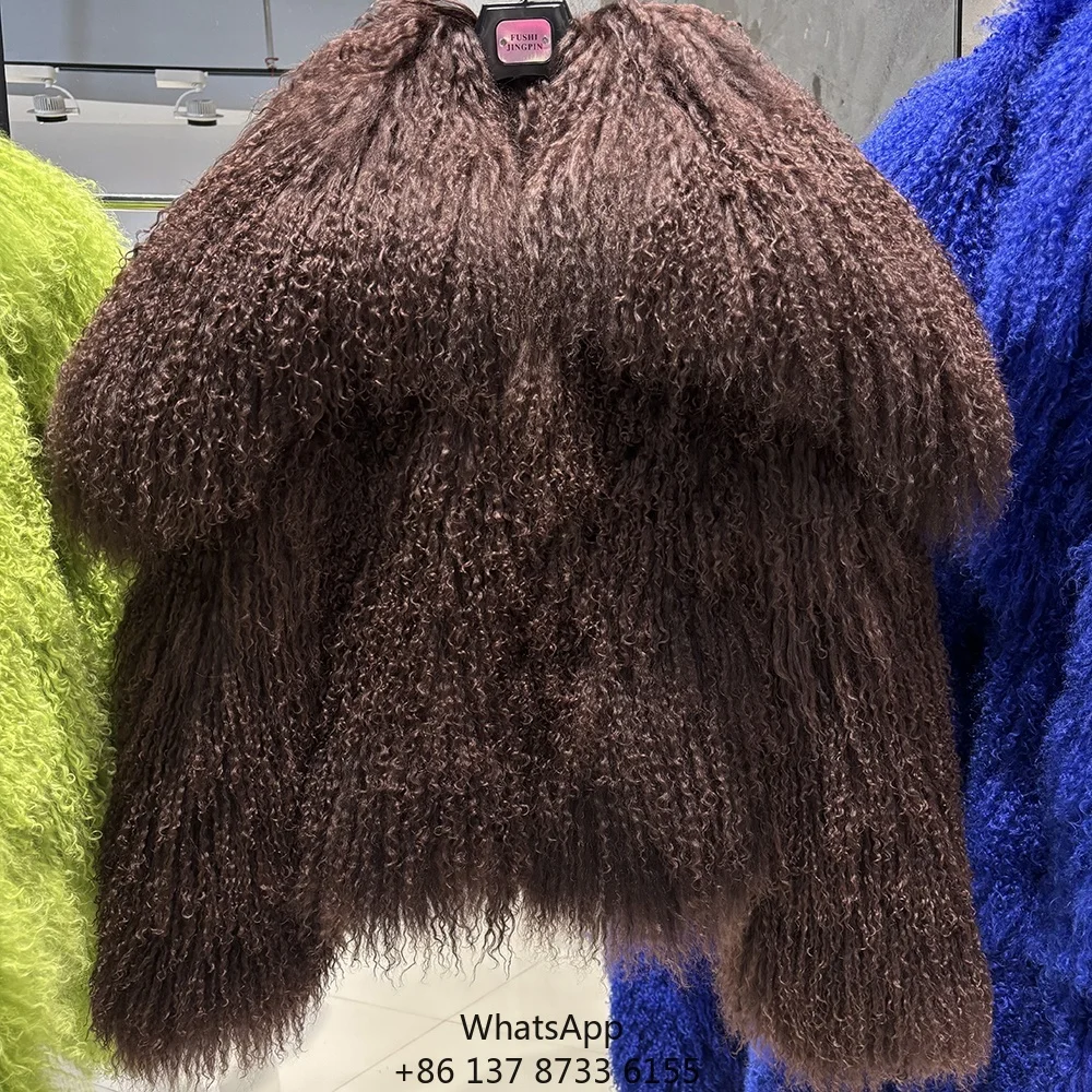 

2025 Winter Dark Brown Sheep Fur Jacket With Big Collar Women's Real Mongolia Fur Coat