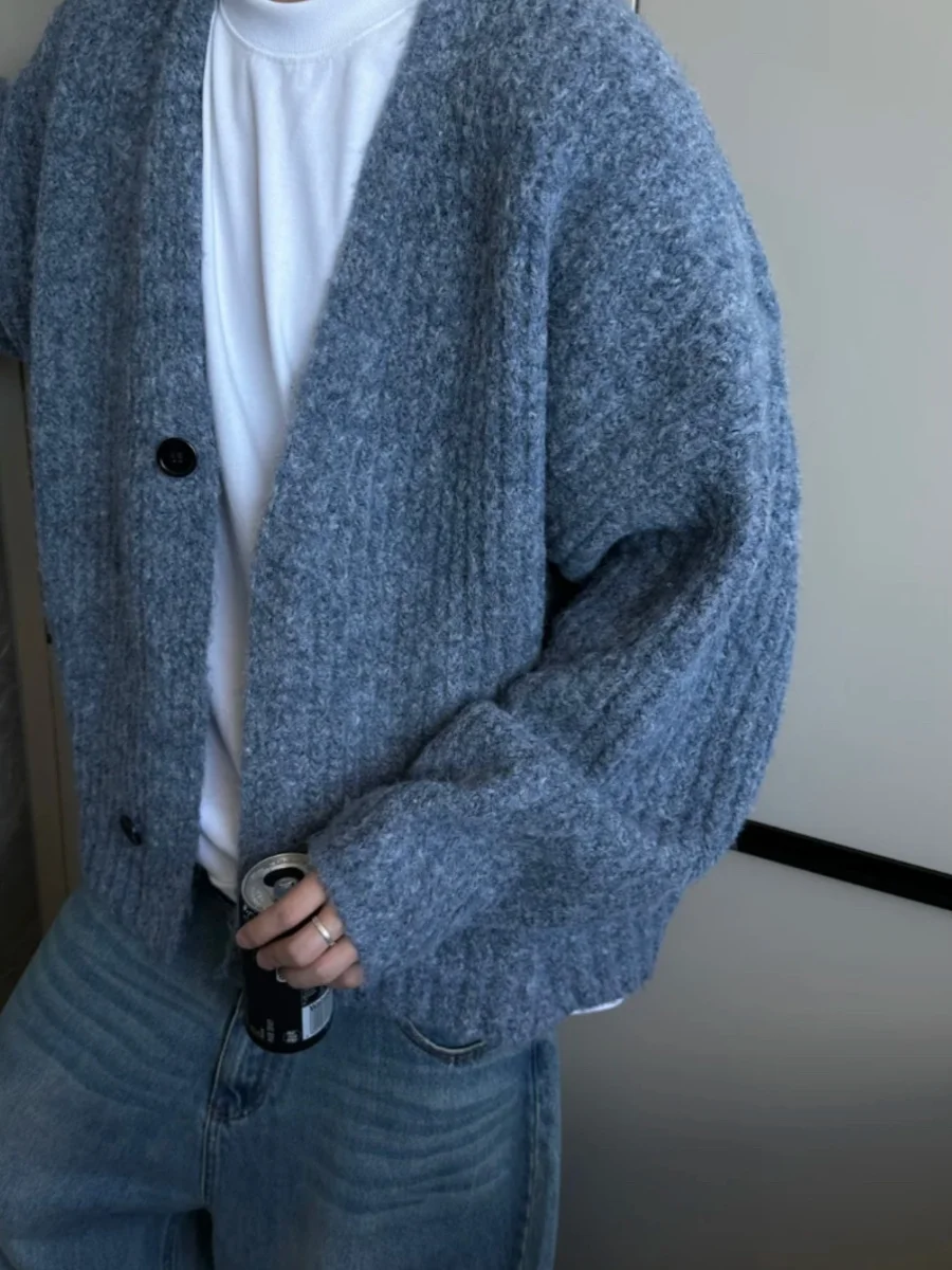 

American Sle Vintage Autumn Winter Thi Mixed Color ort Wide Knit Cardigan Sweater Men Casual Loose Outerwear
