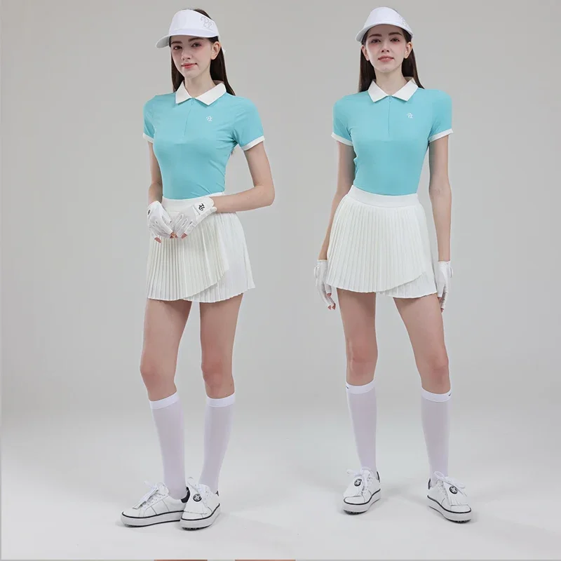 

PL Golf Women Apaprel Short Sleeve T-shirt Breathable Lapel Slim Tops Jersey Female High Waist Short Skirt Pleated Golf Skorts