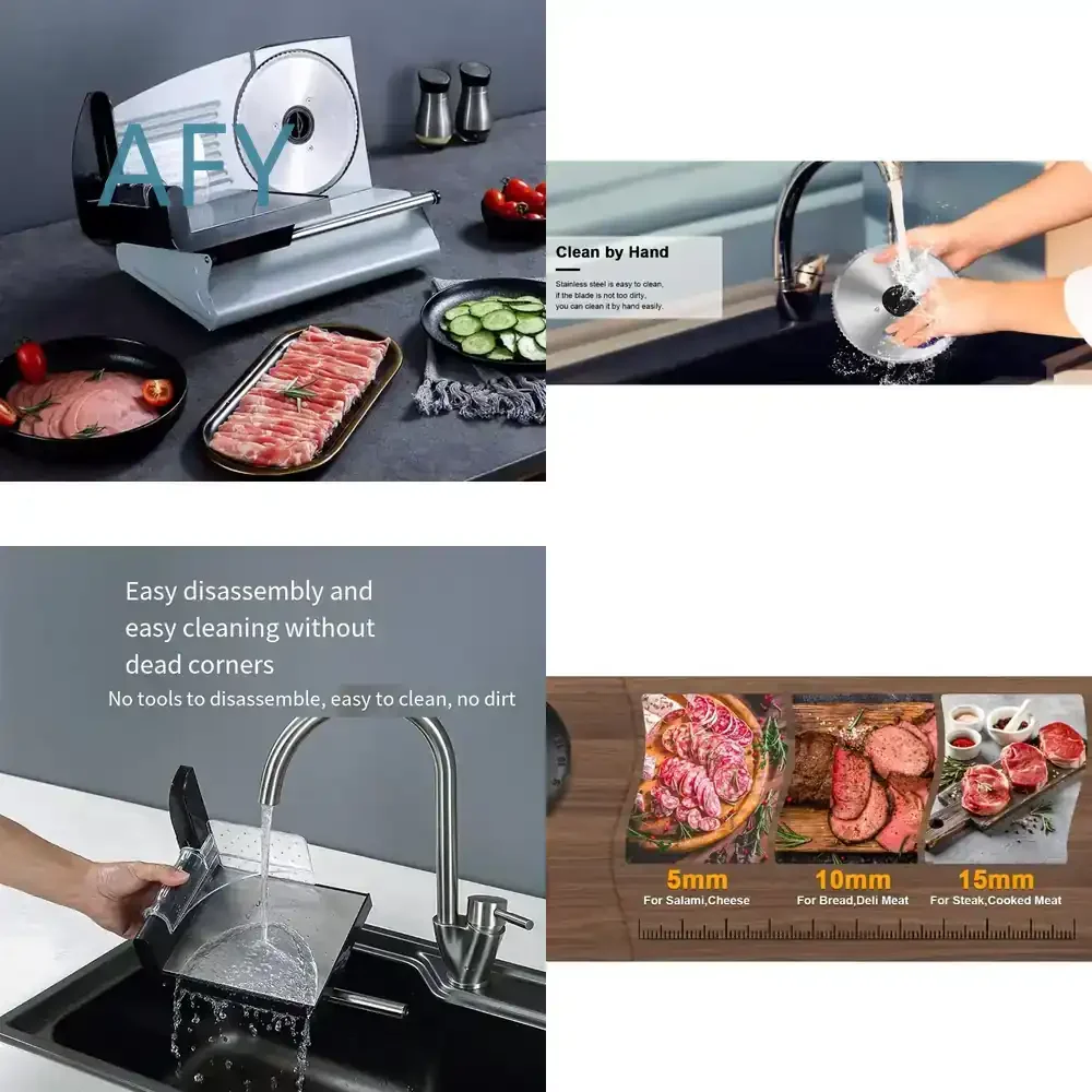 220W Meat Slicer for Home Use with 2 Removable 18cm Stainless Steel Blades 0-15mm Adjustable for Kitchen Food Processor