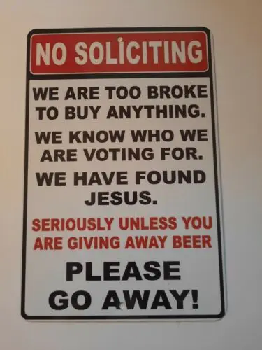 No Soliciting Please Go Away 8x12 Metal Wall Sign Funny Garage Man Cave