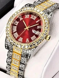 Full Faux Diamond Steel Strap Large Dial Quartz Watch