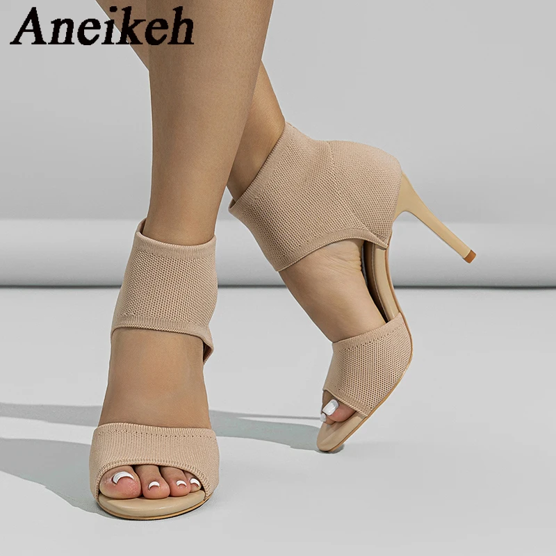 Aneikeh Sexy summer High heeled knitted elastic Roman boots sandals slim heeled outdoor sandals sizes 35-42 Dress Banquet Shoes