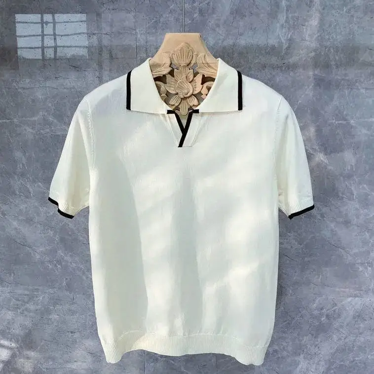 Spring Summer New High-end Knitted Polo White T Shirt For Men's Trendy Business Lapel Short Sleeved T-shirt Kpop Mens Clothing