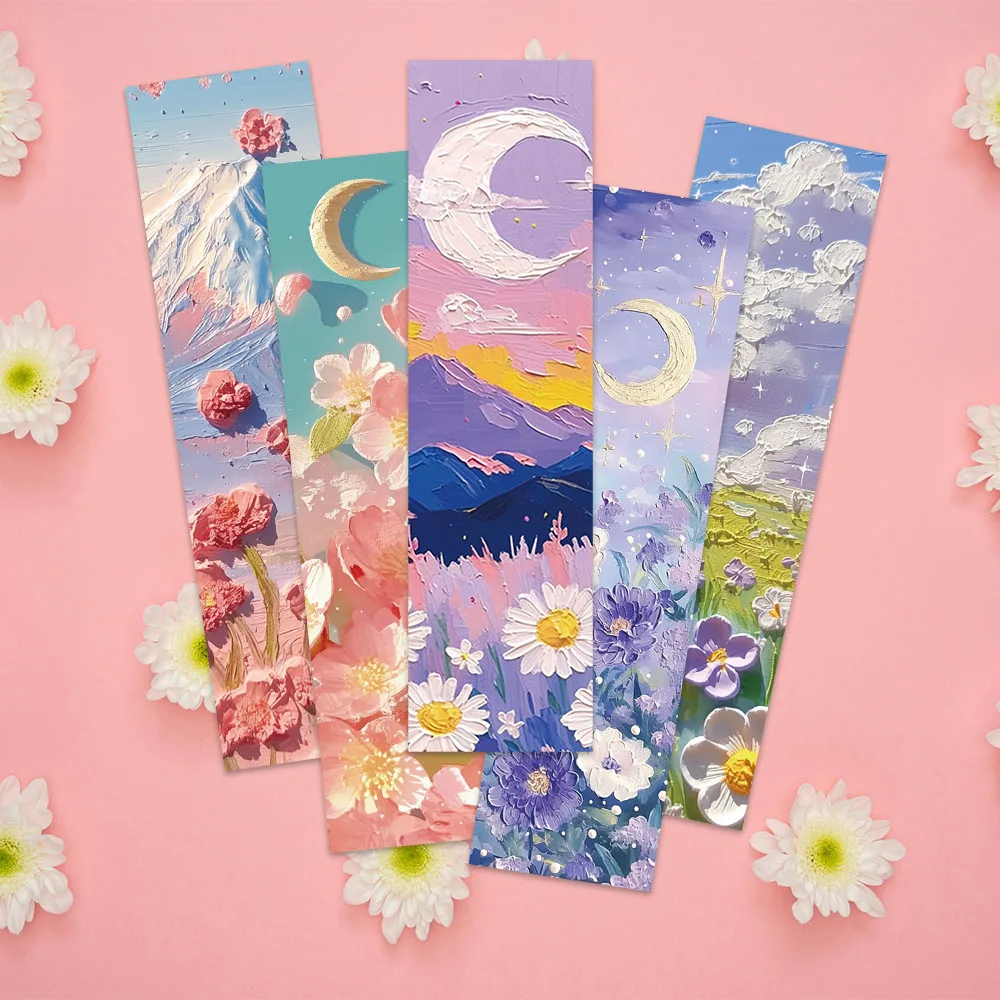 30pcs Cartoon Flowers Landscape Oil Painting Paper Bookmarks DIY Students Readers Page Markers Library Office Page Marking