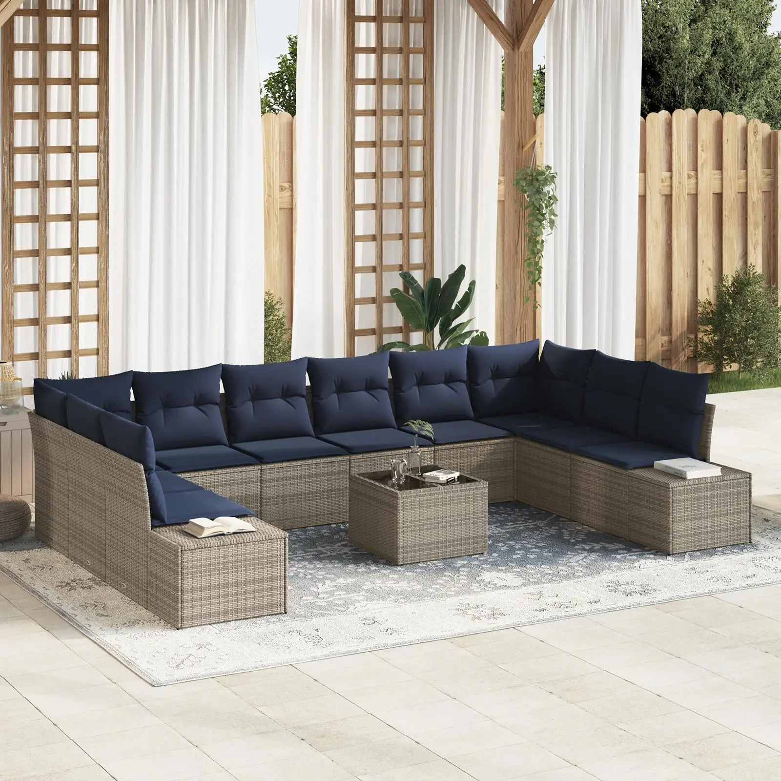 

11 Piece Outdoor Garden Sofa Set with Cushions Gray Rattan Furniture for Patio Backyard Lounge