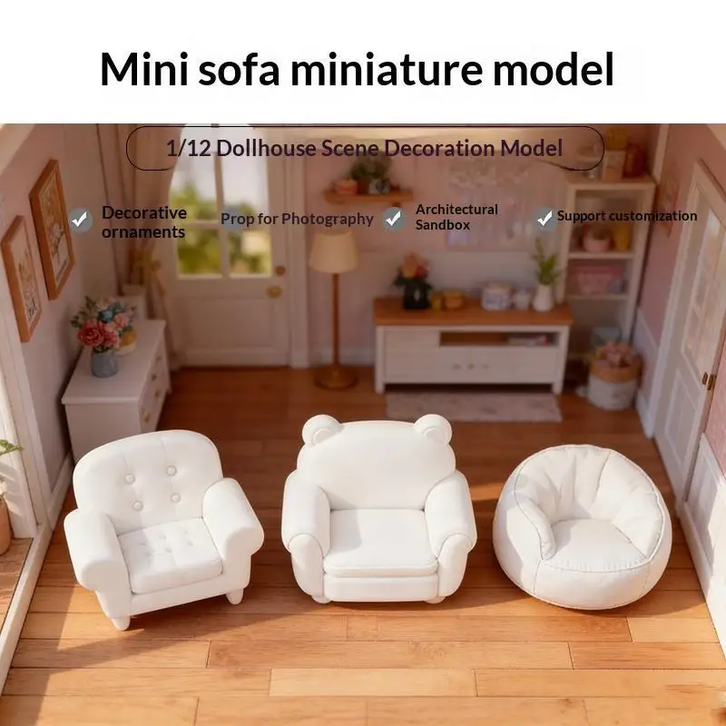 1:12 Scale Dollhouse Mini White Sofa Lovely Bear Ear Design Small Decorative Furniture for Kids Pretend Play
