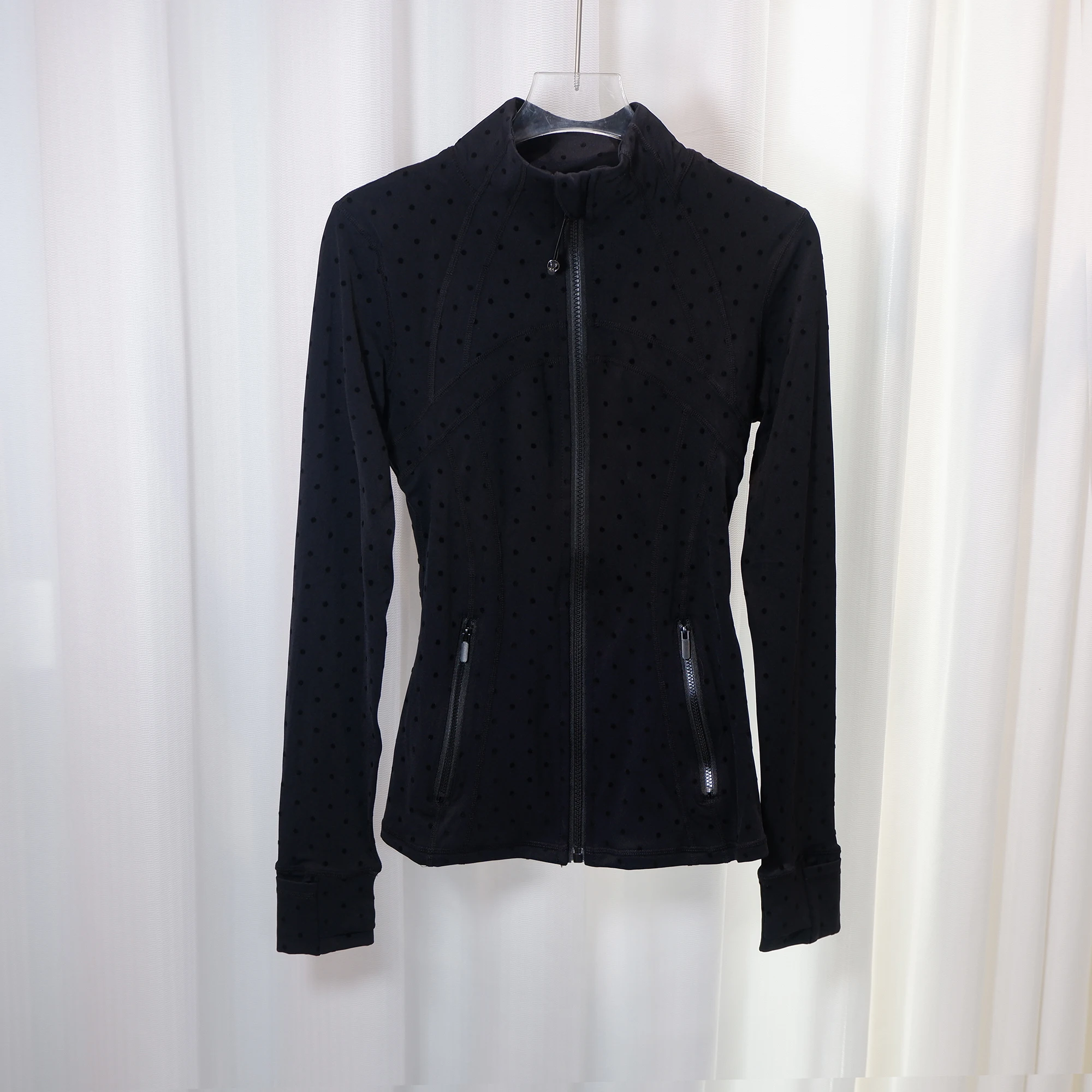 LULU FLORA flocked polka dot jacket, elegant small stand collar long-sleeved outerwear, quick-dry and breathable for sports yoga image 4