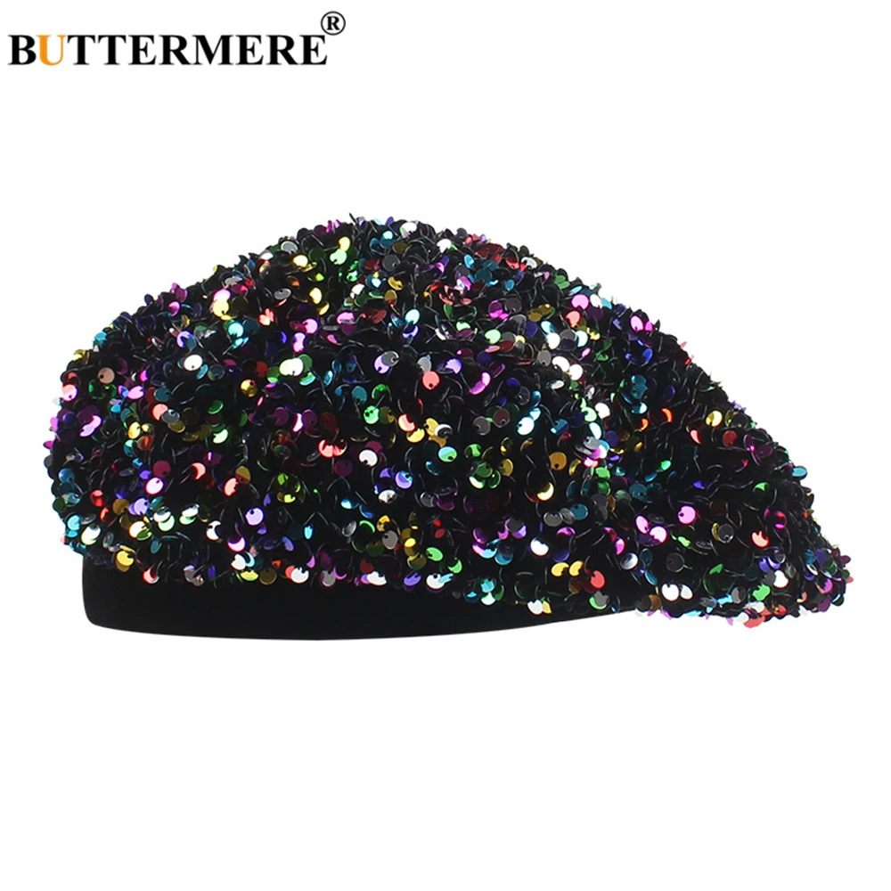 Ladies Sequin Berets Caps for Women Hand-stitched Shining Embroidery Painter Hat Women Colorful French Cap Pillbox Fascinators