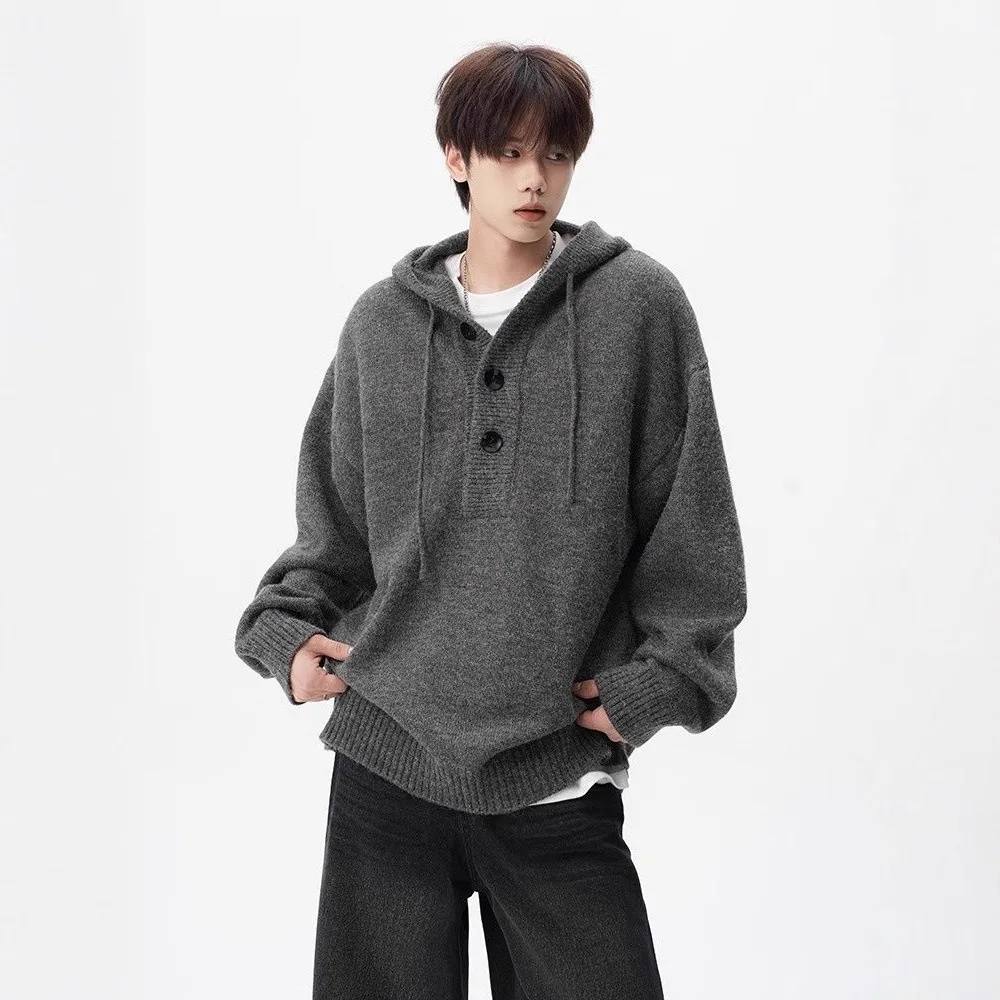 

Осень-зима, мужской вязаный пуловер с капюшоном, свитер, повседневный свободный кардиган на пуговицах, свободная куртка в ленивом стиле, верхняя одежда