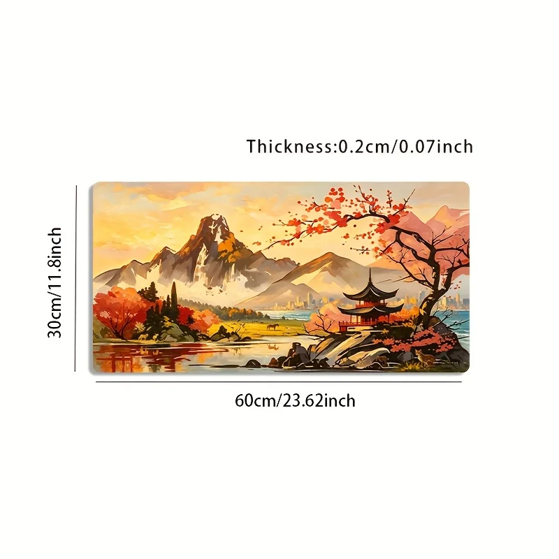 Large-Sized Esports Gaming Mouse Pad, Featuring a Warm Golden Landscape Oil Painting of a Red Maple Tree, an Ancient Pavilion