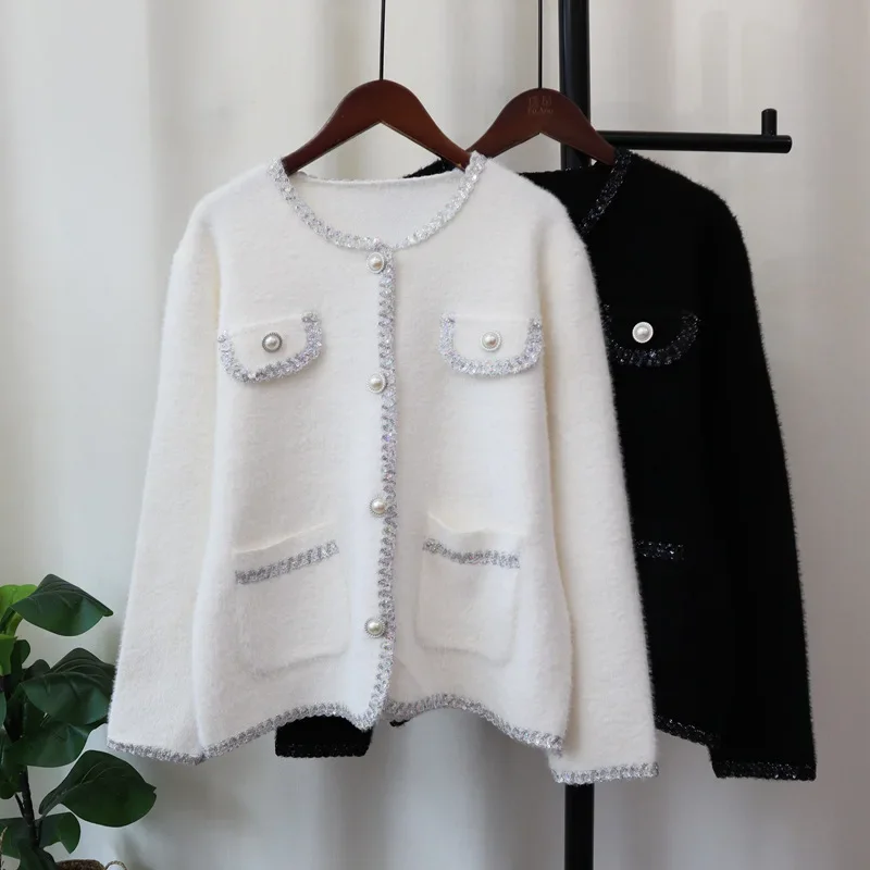 

Cardigan Female Spliced Long Sleeve O Neck Sweater Women Single Breasted Knit Jumpers Outerwear Basics Patchwork Pockets