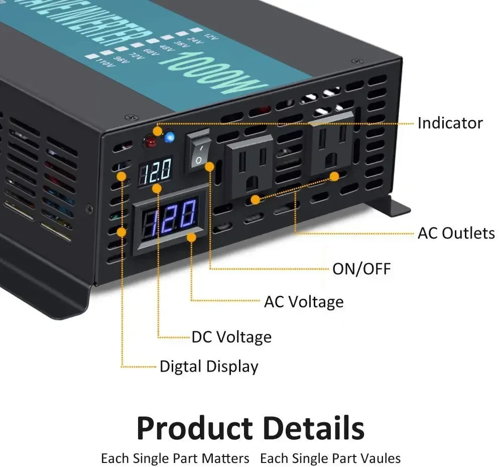 1000W Pure Sine Wave Inverter Power 24V 220V Off Grid Backup Solar Inverter Power Bank Converter 12V/48V DC to 120V/230V/240V AC