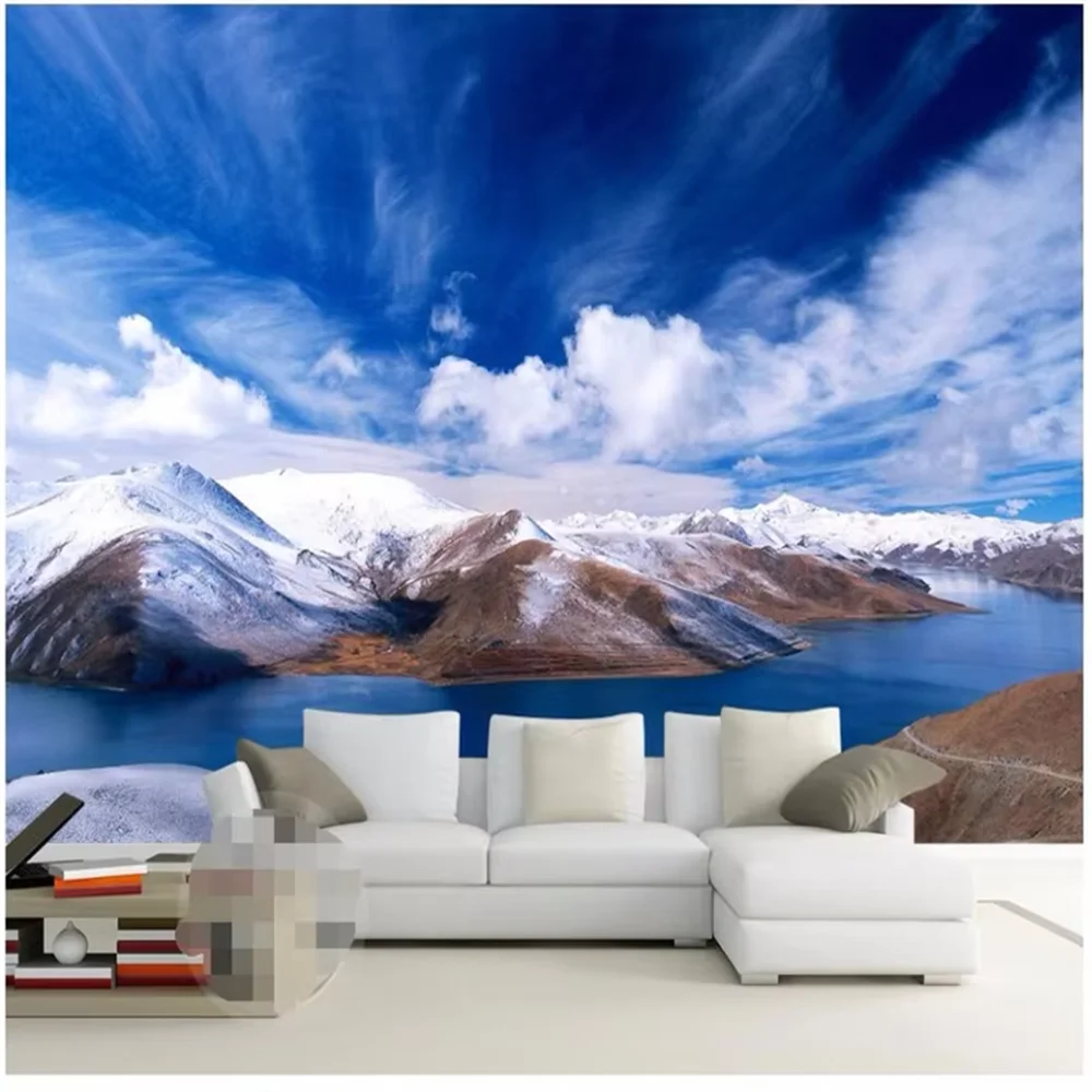 Costom 벽화 사진 배경 눈 덮인 고산 호수 배경 화면 거실 호텔 레스토랑 하늘 꽃 벽 종이 홈 장식 스티커