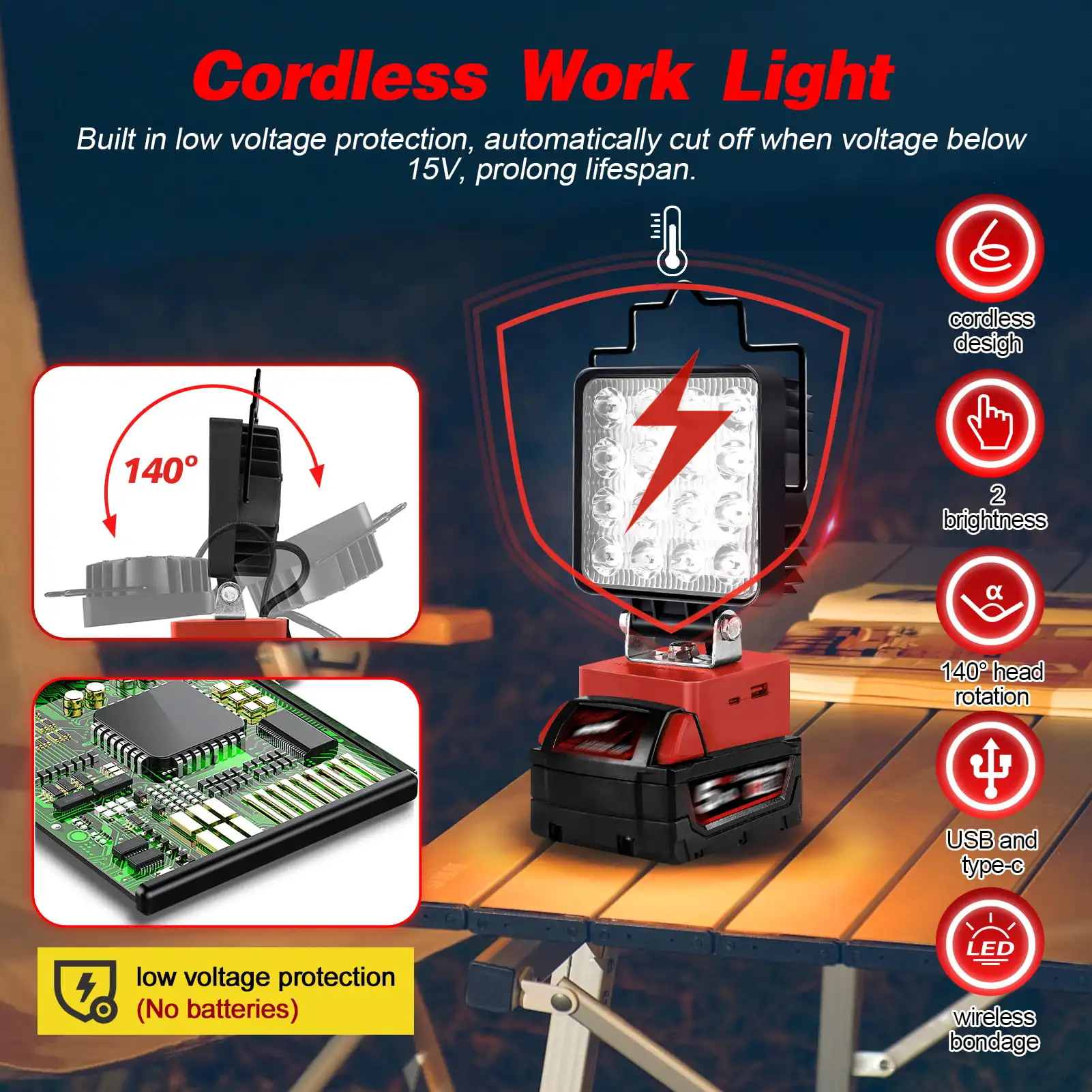 Luz de inundação sem fio USB e porta de carregamento tipo C, luz de trabalho LED para Milwaukee M18, impermeável, oficina, camping, 24W, 48W