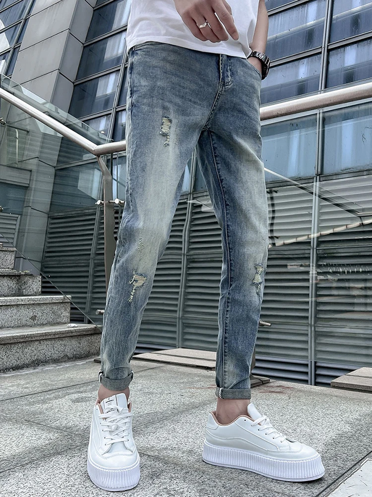 

Мужские летние тонкие джинсовые джинсы Tear Sle Nine Points Slim Fit Повседневные прямые эластичные джинсы синего цвета Youth Faion