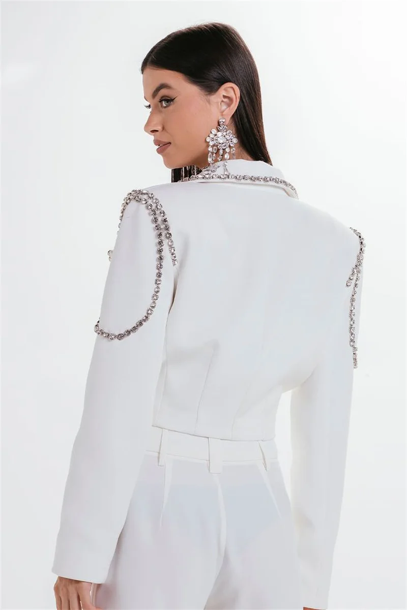 크리스탈 화이트 여성 정장 바지 세트 2 조각 짧은 블레이저 + 바지 공식 오피스 자켓 코튼 맞춤형 웨딩 턱시도 코트