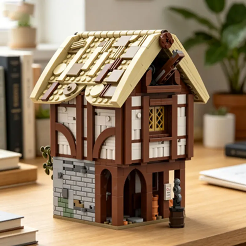 MOC 901PCS Medieval Warehouse Castle Small Particle Building Blocks Double-Layer Building House Toy Ornament Gift