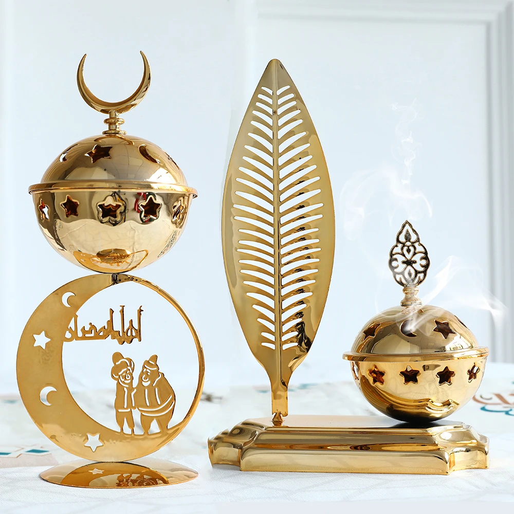 Metal Gold EID Mubalak Aromatherapy Stove Hollowed Out Incense Burner Ramadan Decoration Islamic Muslim Holiday Decoration Home