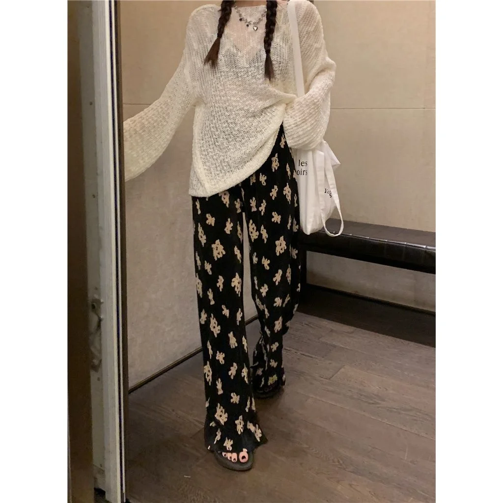 Little Bear Print Pleated Pants Women's Loose Draped Wide-leg Pants High Waist Straight Pants Casual Mop Trousers