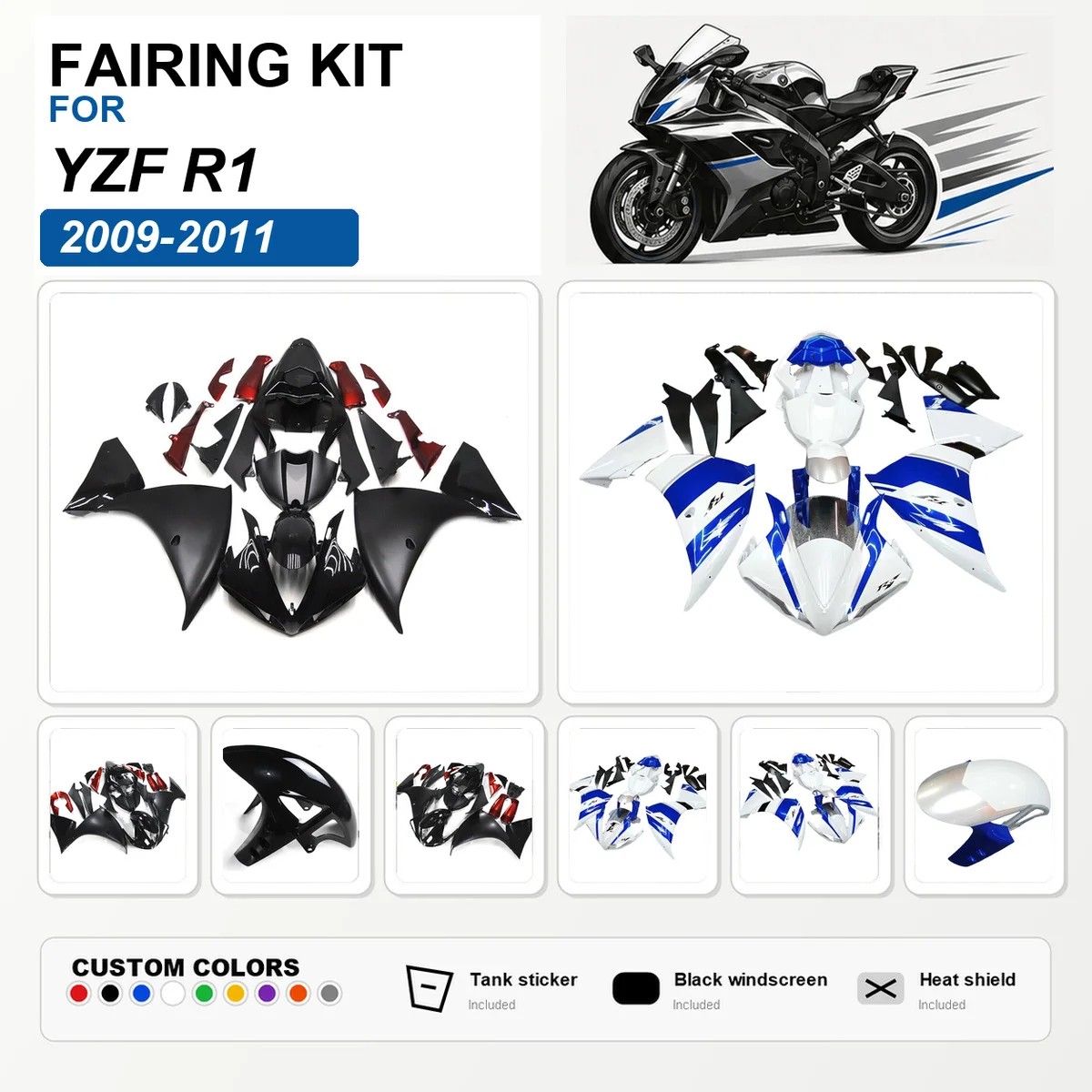 For YZF R1 2009 2010 2011 Painted Fairing Kit Injection Molded ABS Motorcycle Fairings Bodywork Cowling Black White Blue