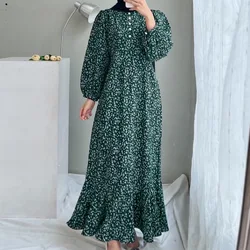 Moda donna allentata stampata manica lunga O collo Abaya musulmano abito vintage volant orlo vestito estivo Robe Femme Turchia Vestido caftano