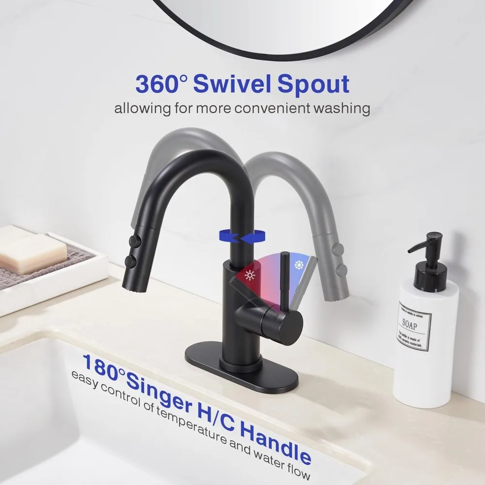 Matte Black Pull Down Bathroom Sink Faucet with Sprayer & Pop-Up Drain, Easy Install Single Handle Basin Tap for Home
