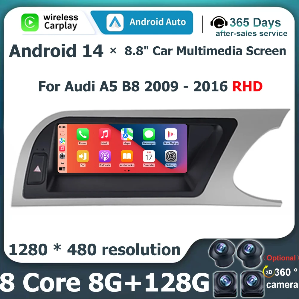 

For Audi A5 B8 2009-2016 RHD Car Multimedia 8.8 Inch Android 14 Screen Carplay Monitors Stereo Speacker Player GPS Navigation