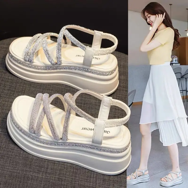 

Summer Bling Crystal Platform Sandals 2026 New Women With Skirt Fairy Wind Sandals Female Luxurious All-match Roman Sandals