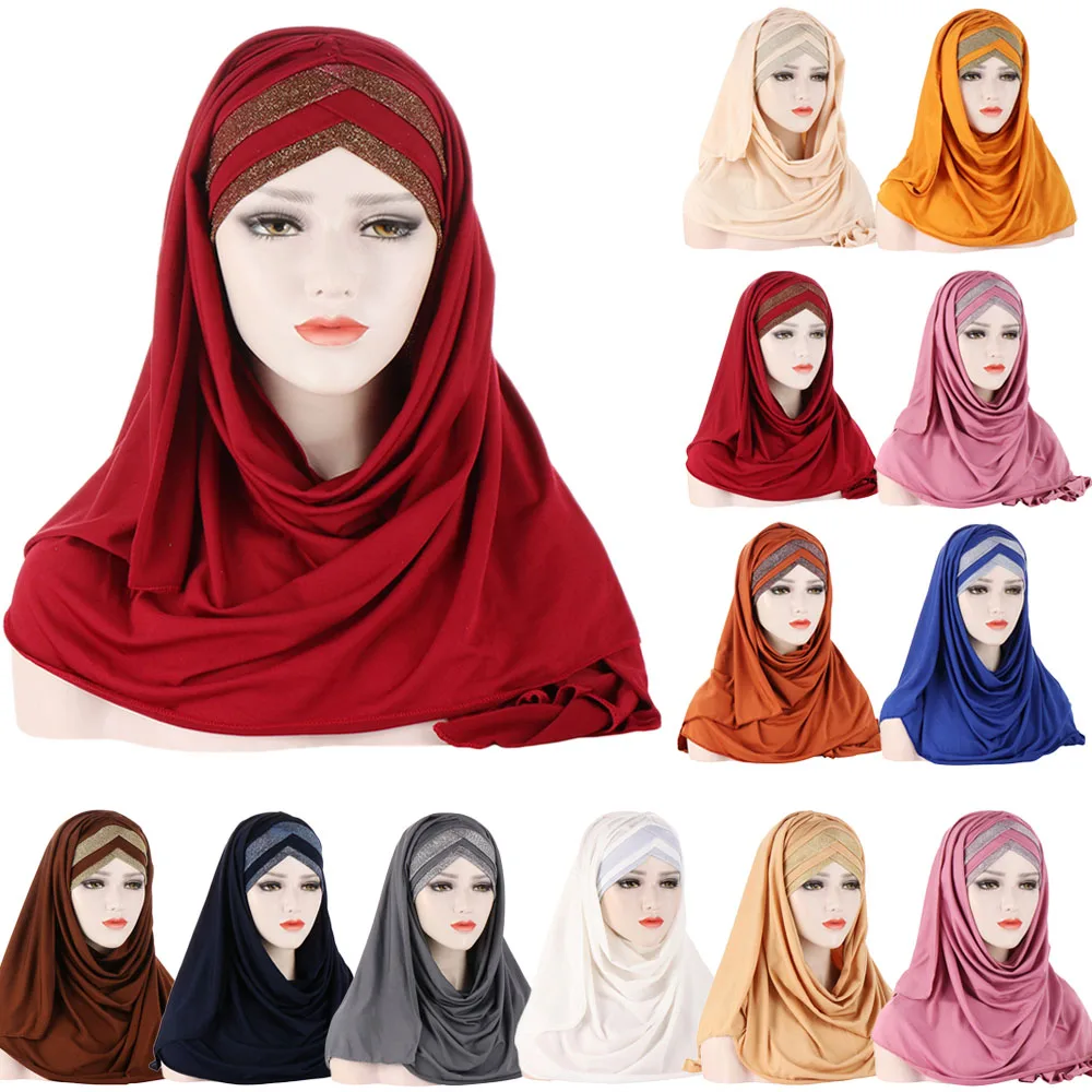 

2024 Muslim Scarf Plain Hijabs Shawls and Wraps Femme Musulman Hijab Ready to Wear Turban Women Head Scarves Glitter Headscarf